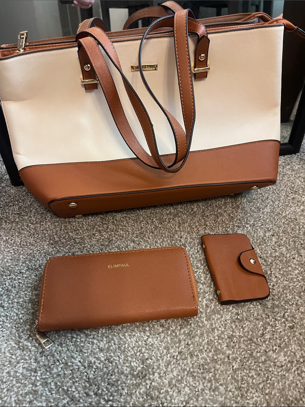 Two-Tone Tan and Cream Tote Bag with Matching Wallet Set
